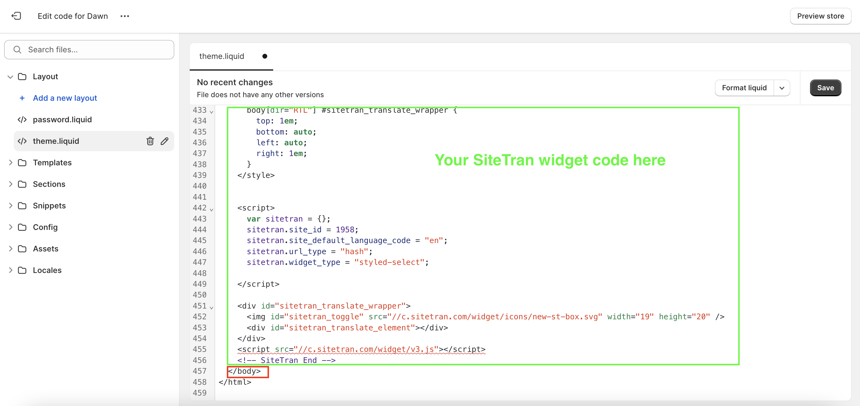 Paste your SiteTran widget code